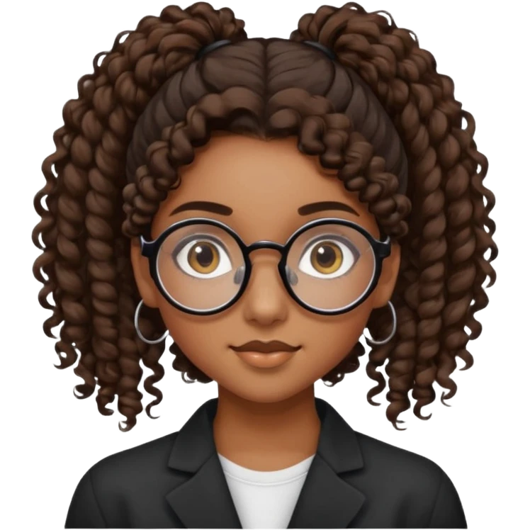 chica morena de ojos claros con gafas negras exagonales redondeadas. y pelo rizado castaño con todo el pelo recogido en una coleta .. Con todo el pelo recogido un clen look solamente una coleta tiene 16 años. hazlo como la segunda imagen pero sin el moño emoji