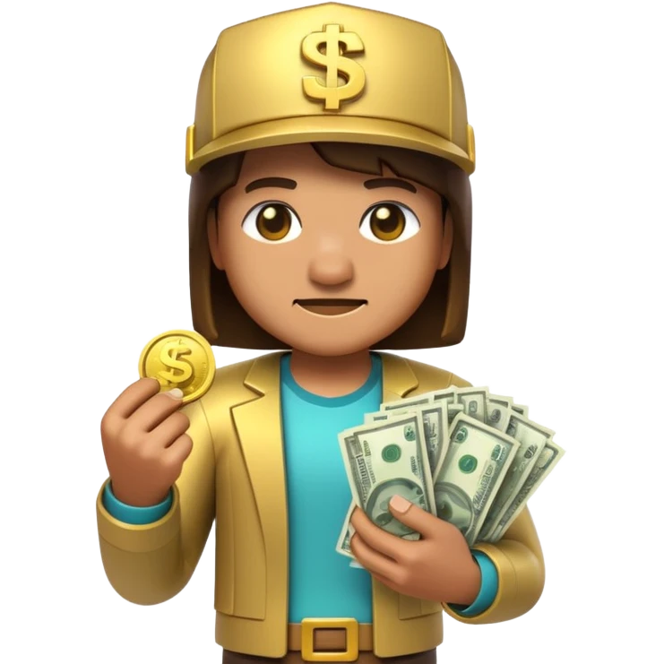 3D emoji, minecraft inspired character made of glossy plastic, holding money and gold coins, cinematic lighting, soft reflections, ultra detailed, centered, clean background, high resolution emoji