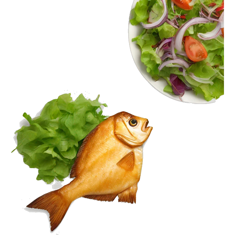 “Fried fish on a plate with fresh salad on the side.” emoji