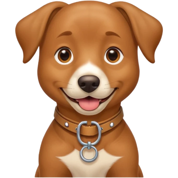 A friendly brown dog sitting upright with its tongue out and ears relaxed. The dog wears a tan harness and collar, giving a trained, service-dog look. Its expression is happy and attentive, with bright eyes and a slightly open mouth. emoji