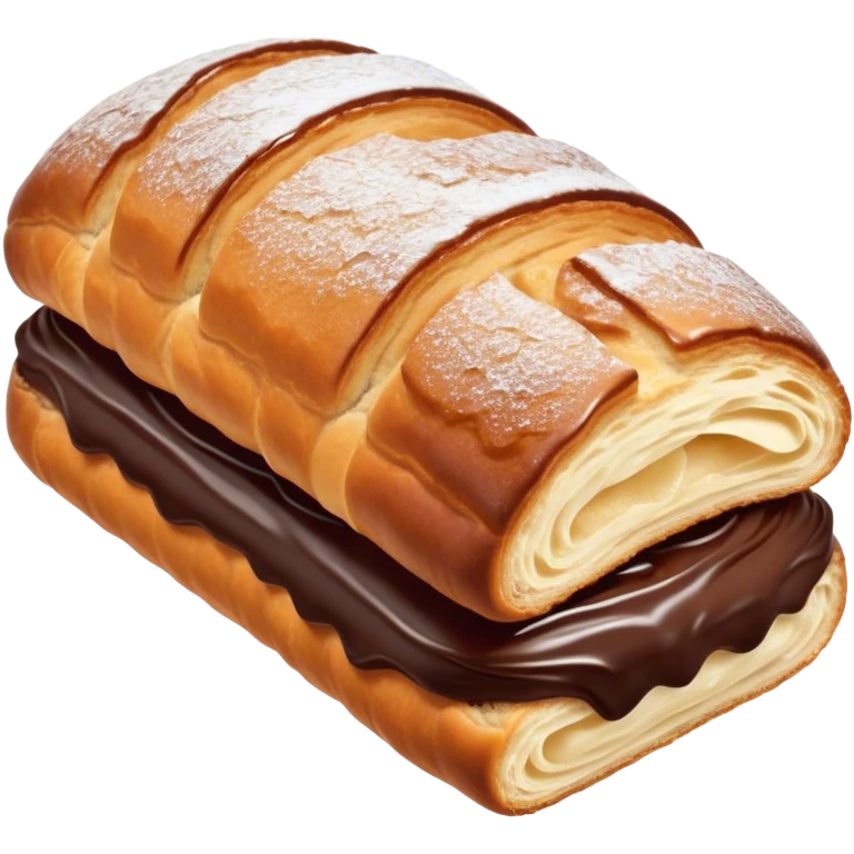 Cinematic warm pain au chocolat, flaky golden-brown pastry with a rich chocolate filling peeking through, perfectly crisp exterior, soft glowing highlights, inviting and indulgent. emoji