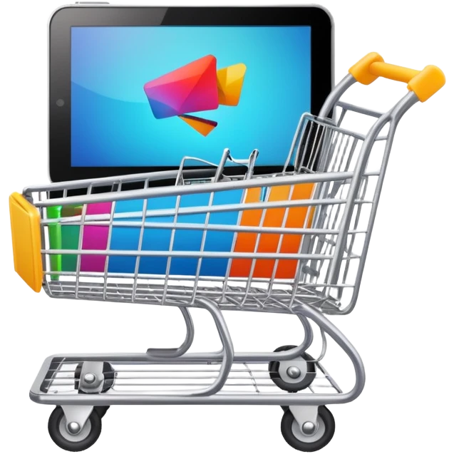 shopping cart with a graphics card, wireless mouse, and digital camera emoji emoji