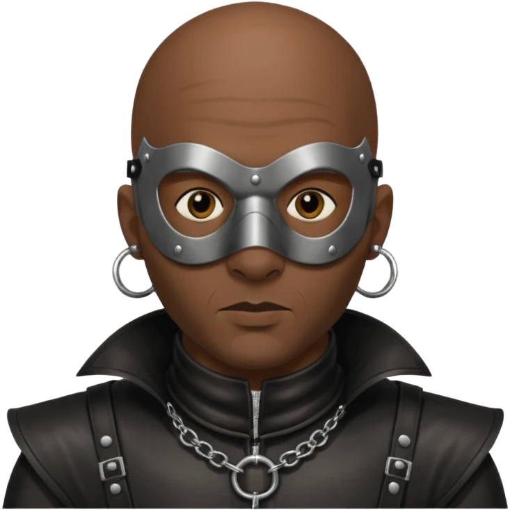 Dark guy wearing leather. Leather mask and heavy steel collar. Also bald wit a little stubble. Nose and ears pierced emoji