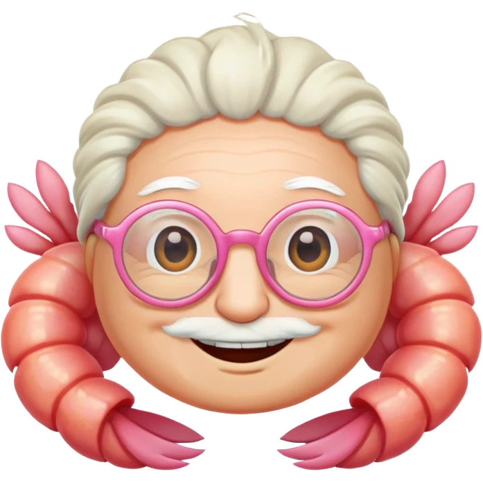 a little shrimp that is old with white hair and glasses, elderly shrimp character with white eyebrows and hair, wearing round glasses emoji