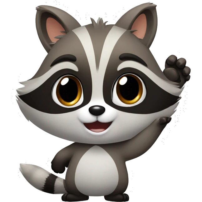 A cute fluffy raccoon waves his paw and greets emoji