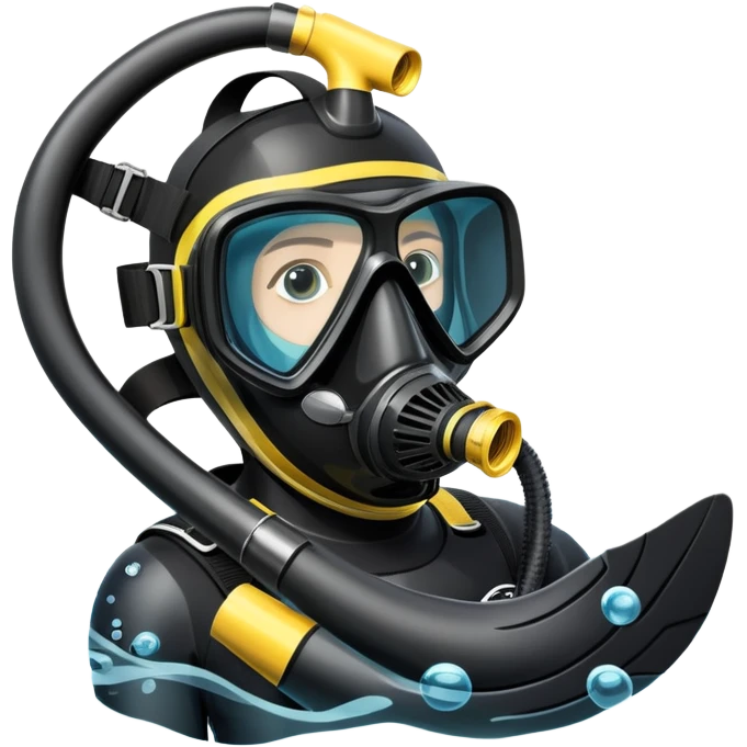 An icon featuring a close-up of a scuba mask, snorkel, and diving fins, with bubbles rising from the gear. The design includes a wetsuit and underwater light rays filtering through the water. Transparent background highlights the essence of diving and underwater exploration. emoji