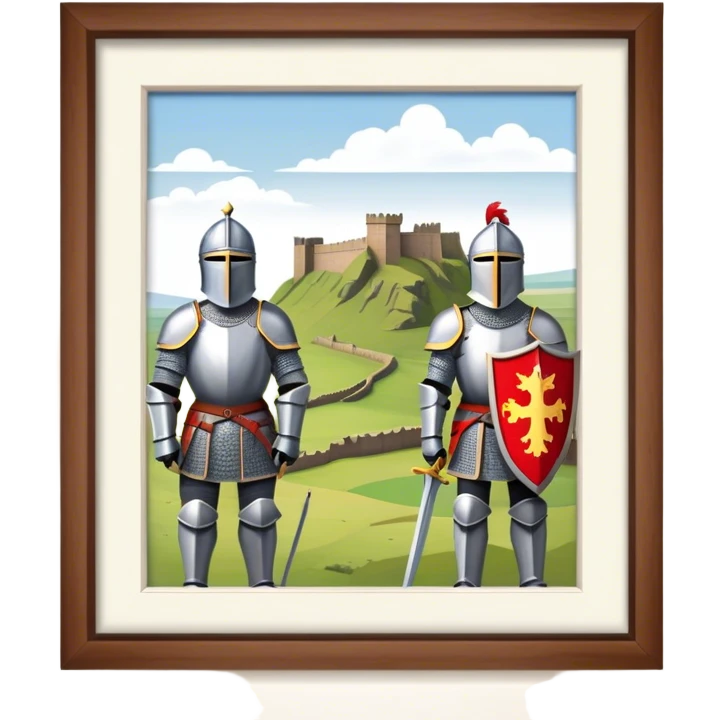  historical reenactment scene with knights in armor standing near Hadrian's Wall, emphasizing the division between Scotland and England. emoji