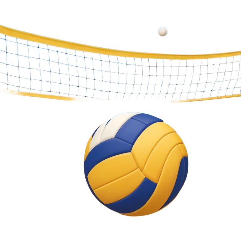 A volleyball resting on the yellow sand on a beach, with the net in the background and a scenic view of the ocean and sky. The scene captures the relaxed yet competitive vibe of beach volleyball, with warm sunlight and the natural beauty of the beach. emoji
