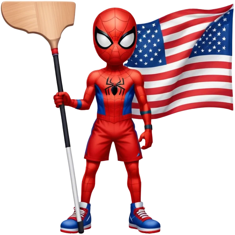 Spider-Man with an American flag holding a hockey stick in basketball emoji