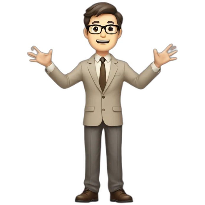 To belt Actively gesturing with hands Pale skinned fit man with dark brown hair in gray jacket, beige office shirt, brown tie, brown pants and vintage glasses. emoji