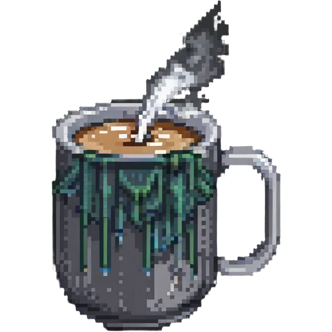 Pixel art coffee mug with steam emoji