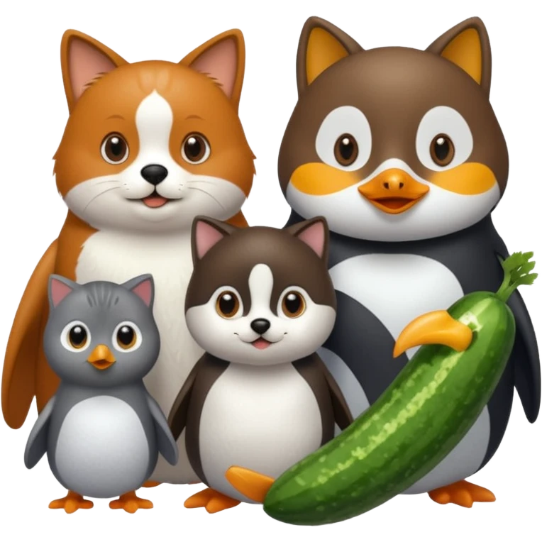 Köpekin yaninda kedi penguen kedinin yaninda üçüde hiyar yesin emoji