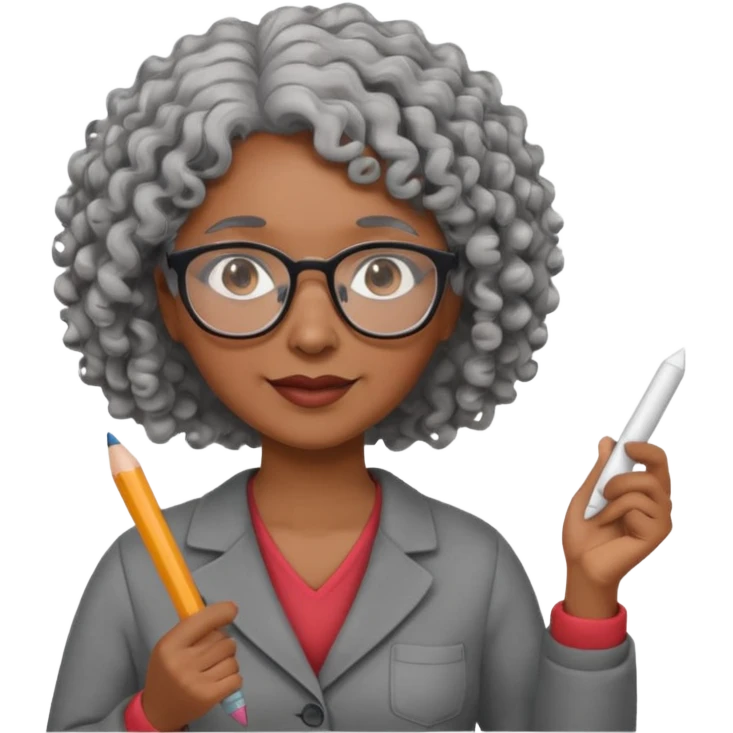 woman teacher, brown skin, curly hair, old, wearing glasses, hold chalk on hand emoji