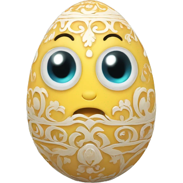 an open egg with intricate ornaments on the shell. Inside the egg, a tiny, adorable [тварина] with a gentle and curious expression gazes out with eyes that sparkle with wonder and discovery. emoji
