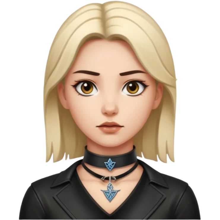 Leather choker with sigil around woman’s neck, pulse visible, dominance tone emoji