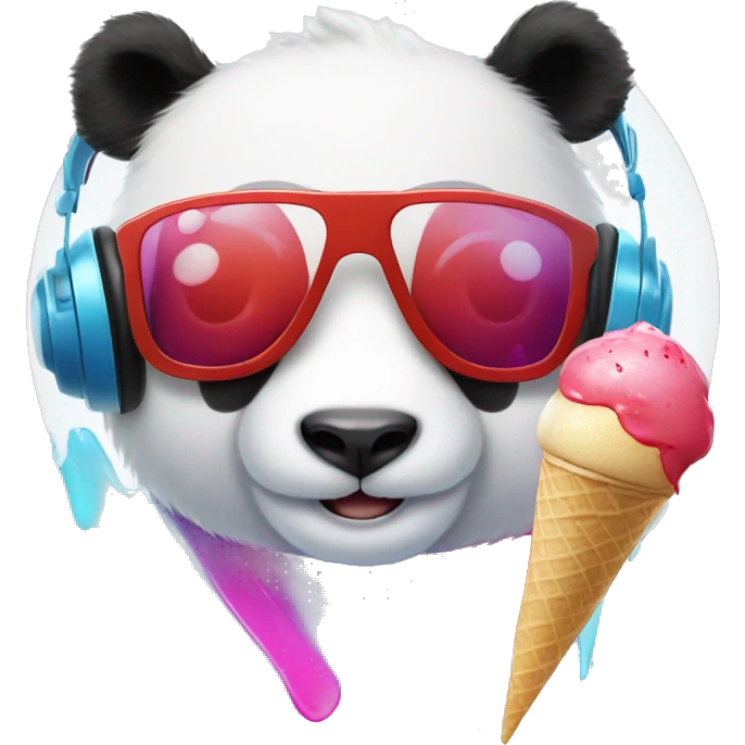 white panda, with red PANDA ears, with red, blue, pink headphones, with one button eye, and an ice cream splater on the headphones. emoji