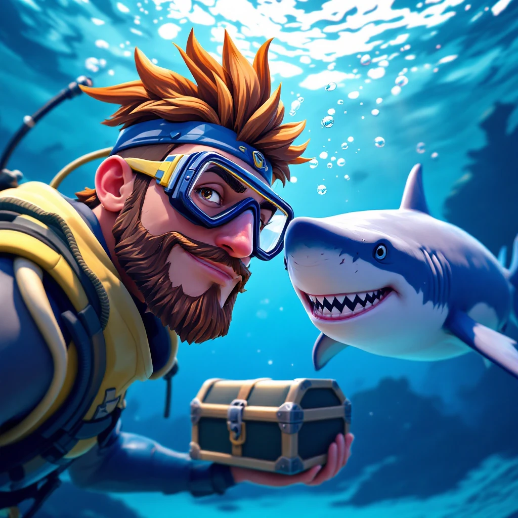 portrait, closeup, 3D, symmetrical, fortnite art style, diver holding chest underwater, happy shark swiming around him, blue crystal water, sunny day emoji