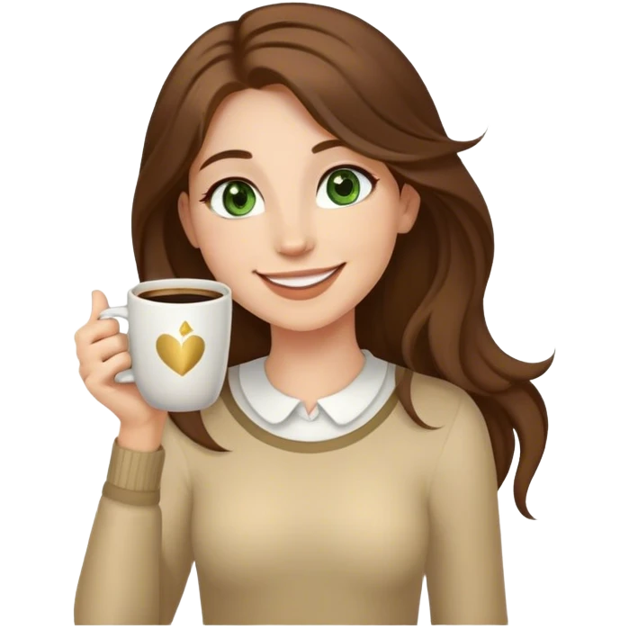 Long, Brown haired girl with middle hair part, green eyes, gold hoop nose ring, smiling, waving with one hand, coffee mug in the other emoji