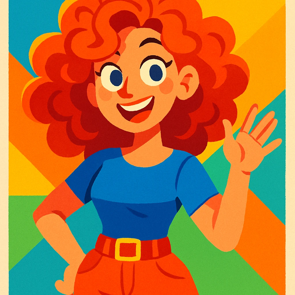 curly red-haired woman, vibrant cartoon style, bright and lively colors emoji