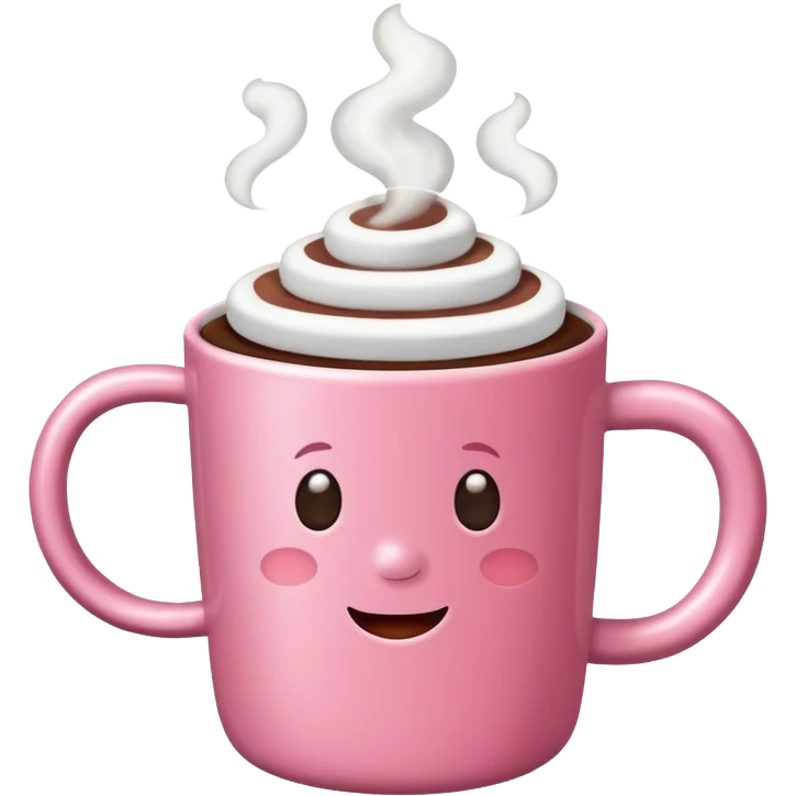 A pink coffee cup with hot chocolate and marshmallows with steam coming out emoji
