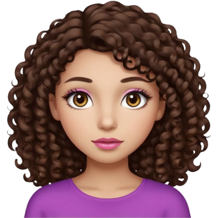 girl with curly long dark brown hair, brown eyes, light to medium complexion, long lashes, almond shaped eyes, light pink lipstick emoji