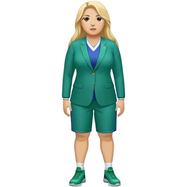Full Body white plus size female basketball head coach with long blonde hair in a blue and green suit emoji