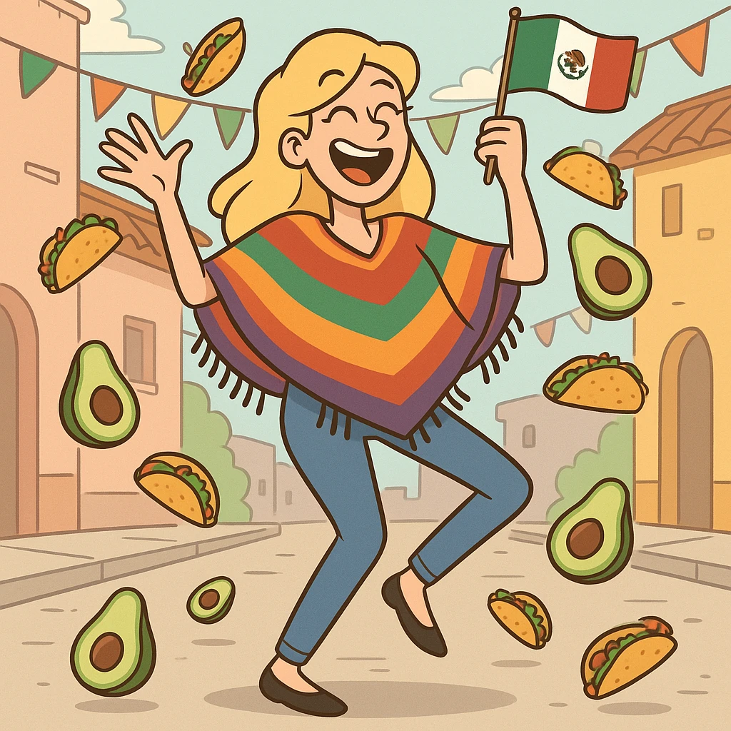 playful cartoon of a tall blonde woman, colorful poncho, smiling, holding taco and avocado, waving Mexico flag, dancing in the street, surrounded by tacos and avocados, street party scene emoji