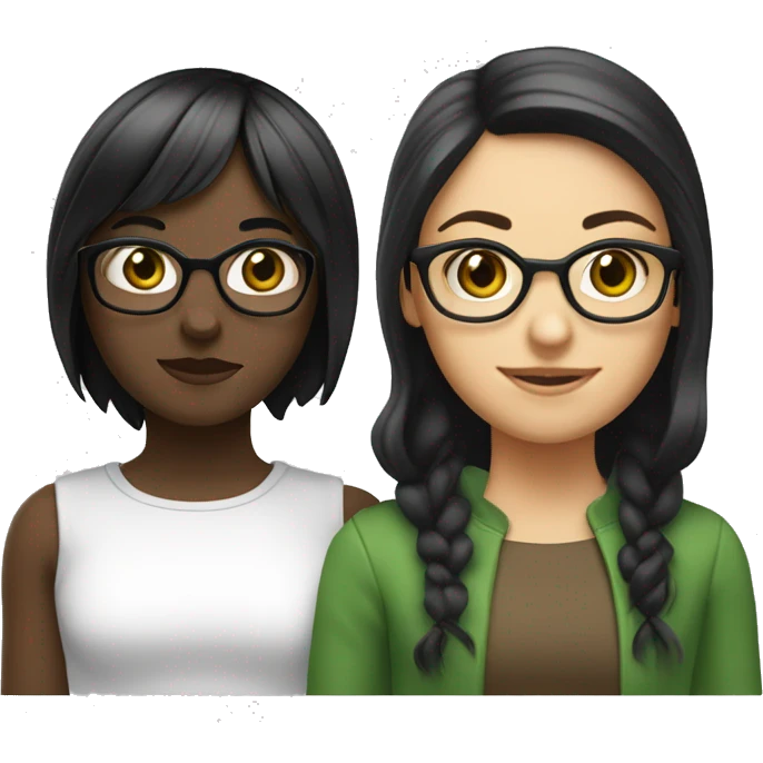 make two best friends. first one is a girl has shoulder lenght black hair and bangs, she is a girl and white. she has brown eyes. second friend has long gibger hair with no bangs. she wears glasses and is also white. she has green eyes emoji