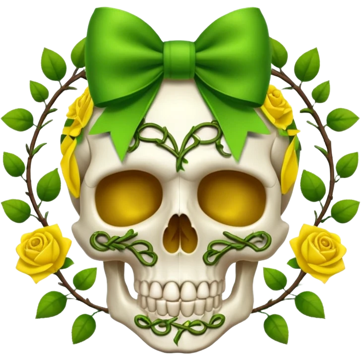 Skull with lime-green bow with vines and yellow roses emoji