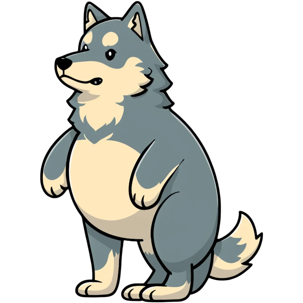 Gray wolf with an oversized pregnant belly, standing profile view, fluffy fur emoji