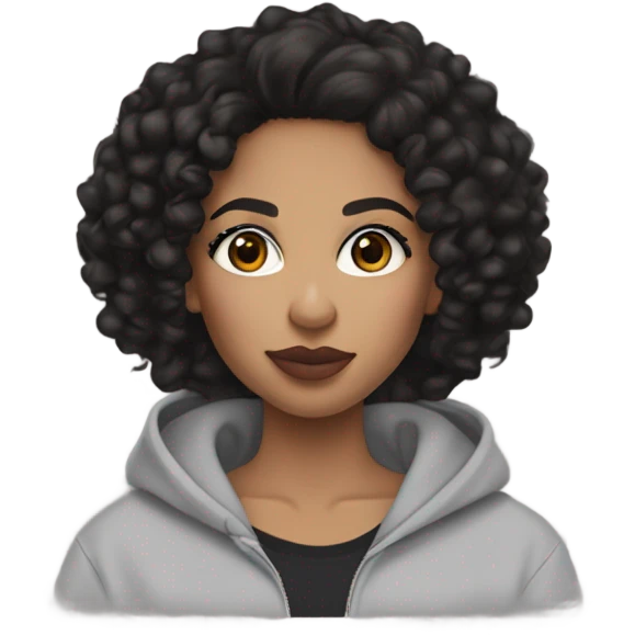 mixed girl with black curly hair (length is chest area) and wears makeup including concealer,mascara,blush, and dark brown eyes and has lips with brown lip liner combo and wearing a Nike hoodie black  emoji