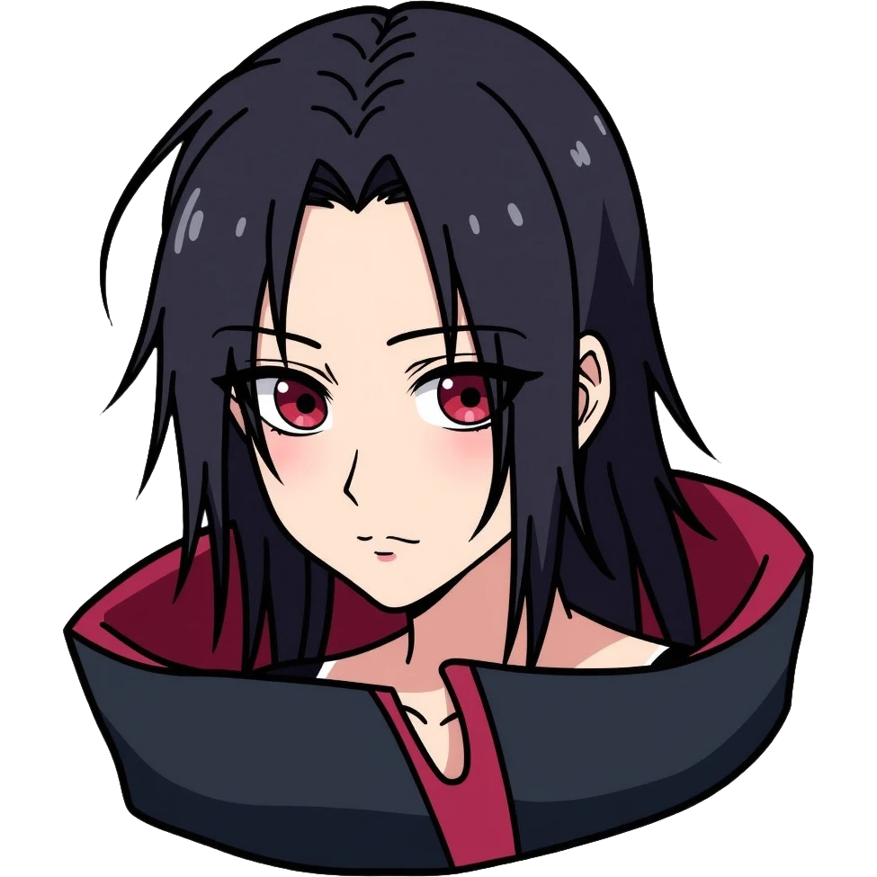 Itachi Uchiha with long black hair, Sharingan eyes, facial lines under his eyes, wearing Akatsuki cloak emoji