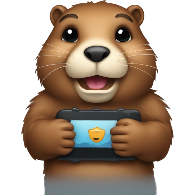 A cute beaver face holding a cell phone emoji