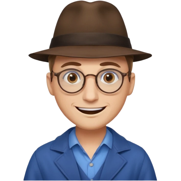 A man with sharp and thin face, brown round glasses, a brown hat and a brown costume with beige chemise  (no blue shirt) (shoulders only), the man has blue eyes and a large smile on his face and menacing eyes. emoji
