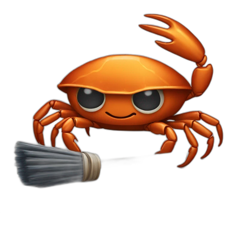 Rust mascot crab Ferris with broom cleaning rust emoji