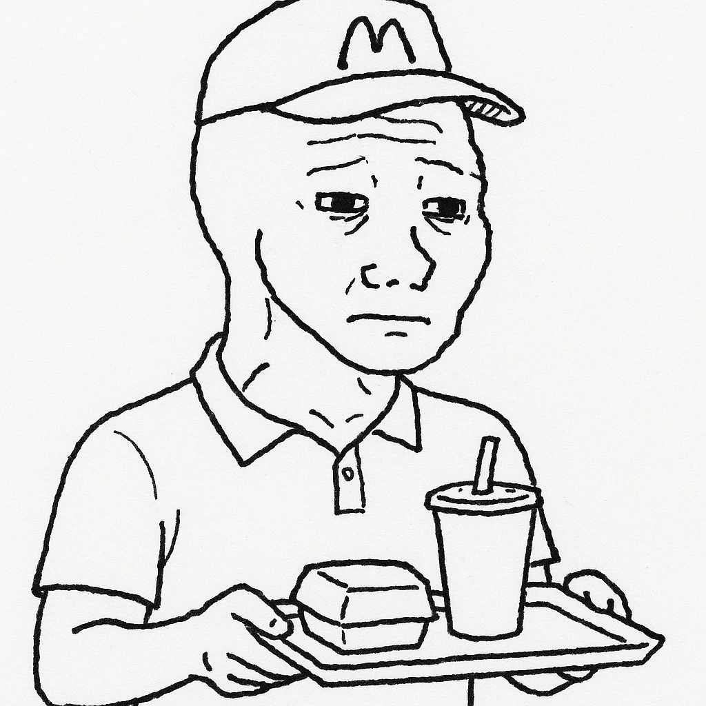 wojak meme style, McDonald's worker at the counter, holding a tray, simple background emoji