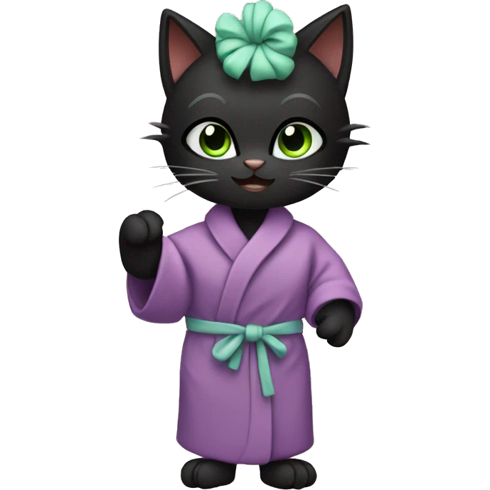 Black cat wearing bathrobe with green face mask and hair in curlers  emoji
