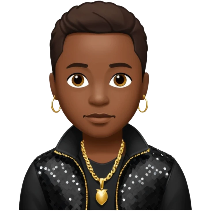 Woody from Dru Hill with dark brown hair, black sequin outfit, dark skin emoji