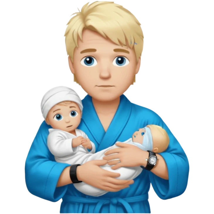 A white man with blue eyes, medium-length blond hair, a blue Cartier watch on his wrist, and a black and white bathrobe. His hair is messy, and he has a baby face. emoji