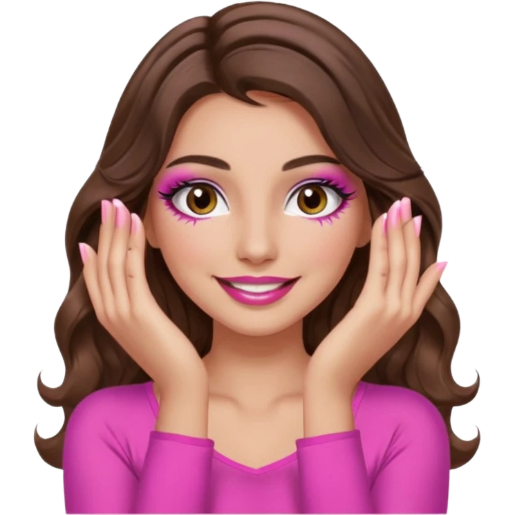girl with long wavy brown hair, brown eyes, long lashes makeup, sexy pink lips, light to medium complexion, wearing a pink sexy top, smiling, hands covering over the eyes emoji