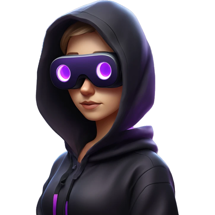 Russian girl wearing black hoody with violet letters "OMG", in vr headset oculus quest2. Standing like jedi. Cyberpunk style. Violet neon. emoji