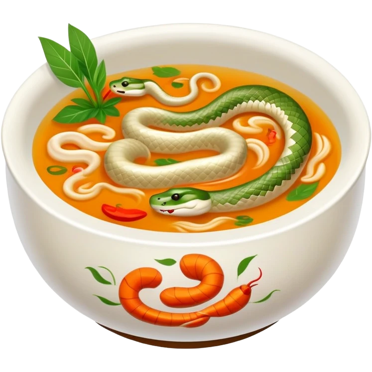 Cantonese snake soup in special double-walled bowl, simplified emoji style with bold outlines and bright colors, cartoon style exotic delicacy with herb decorations emoji