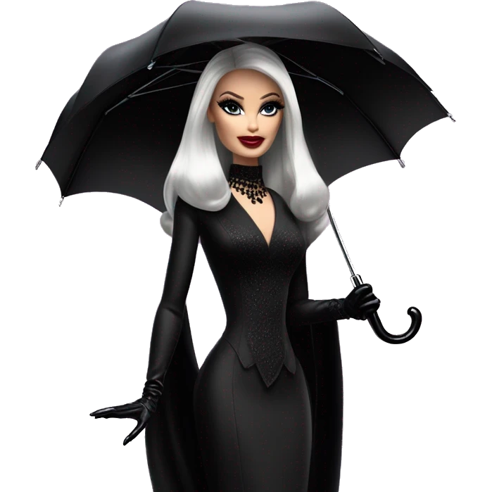 Stunning in the Spotlight Barbie, teen Morticia Addams,showing off, show full body,accessories  gloves funeral veil, umbrella  emoji
