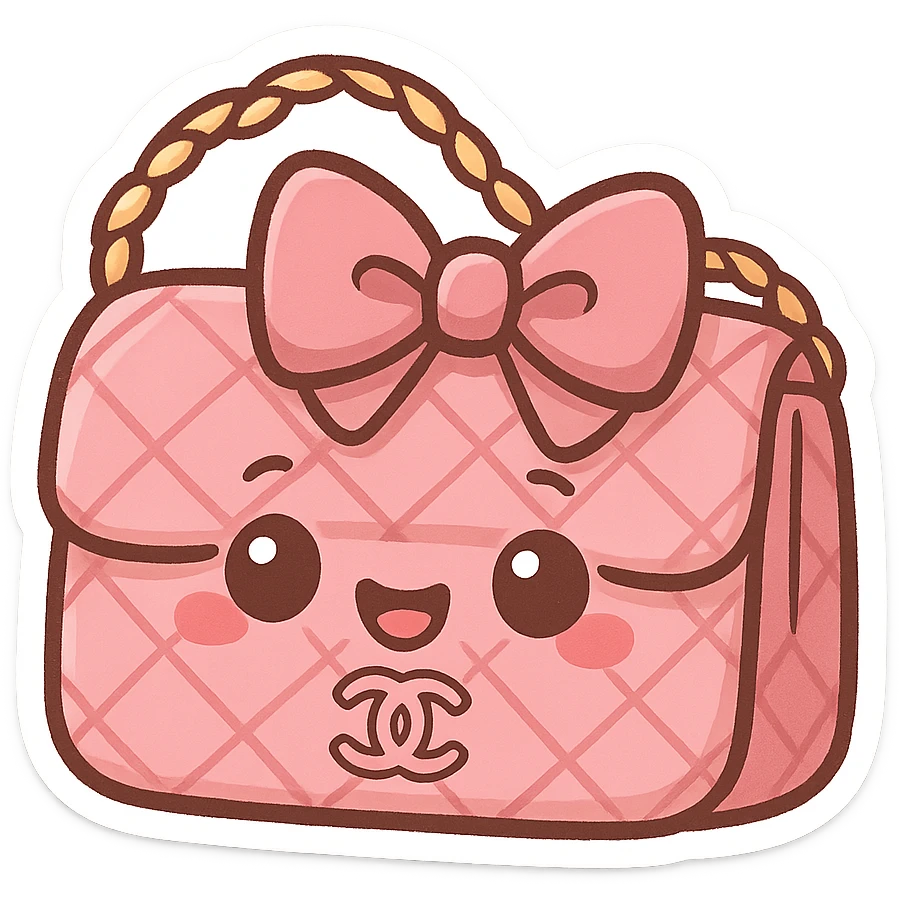pink Chanel purse with a big bow and smiling face, cute and exaggerated chibi sticker style emoji