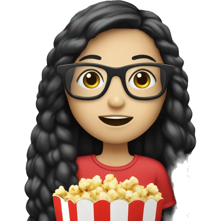 Pale girl with long black hair eating popcorn with 4D glasses emoji