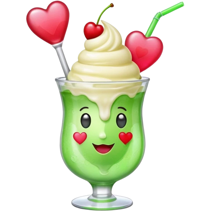 Create an emoji with a clear rounded glass, bright transparent green soda, vanilla ice cream scoop, two red cherries, pink heart-shaped straw, simple shapes, bright colors, glossy, kawaii style, centered, transparent background
 emoji