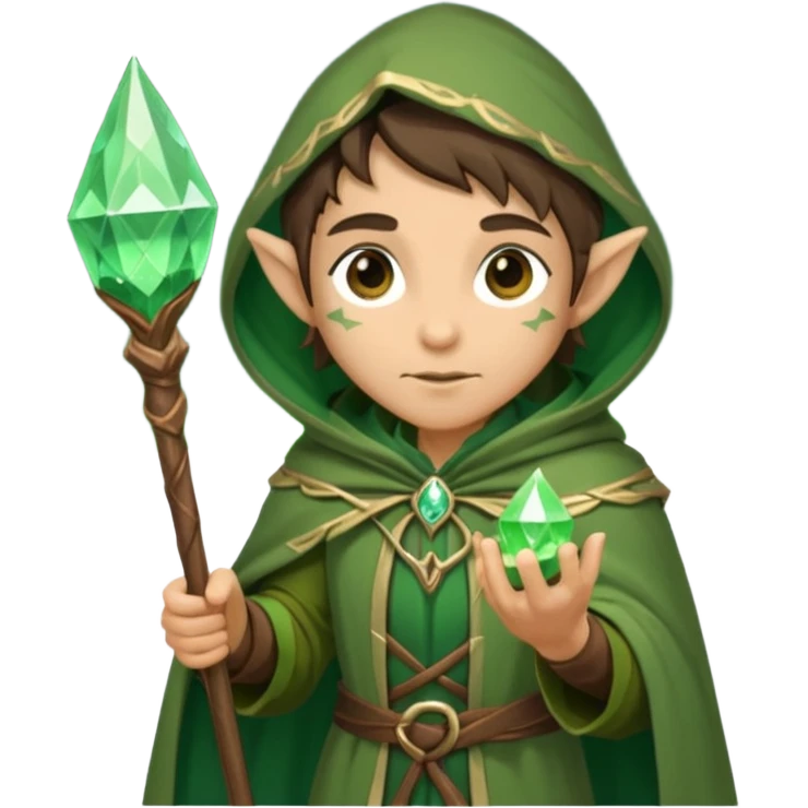 {
      "type": "human",
      "look": "forest elf mage, green cloak, wooden staff, glowing crystal tip",
      "description": "a forest elf mage in green cloak holding a wooden staff with a glowing crystal tip"
    } emoji