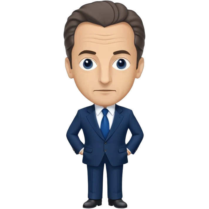 figure of Nicolas Sarkozy with an oversized head and small body, standing, wearing a navy suit and blue tie, highly recognizable face, simplified details emoji