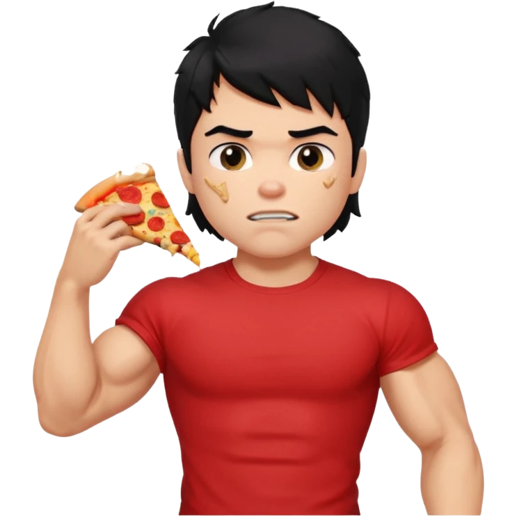 generate a pretty fair bratz boy with a messy mullet (black hair), wearing a red tshirt. eating pizza. He has big biceps and ripped emoji