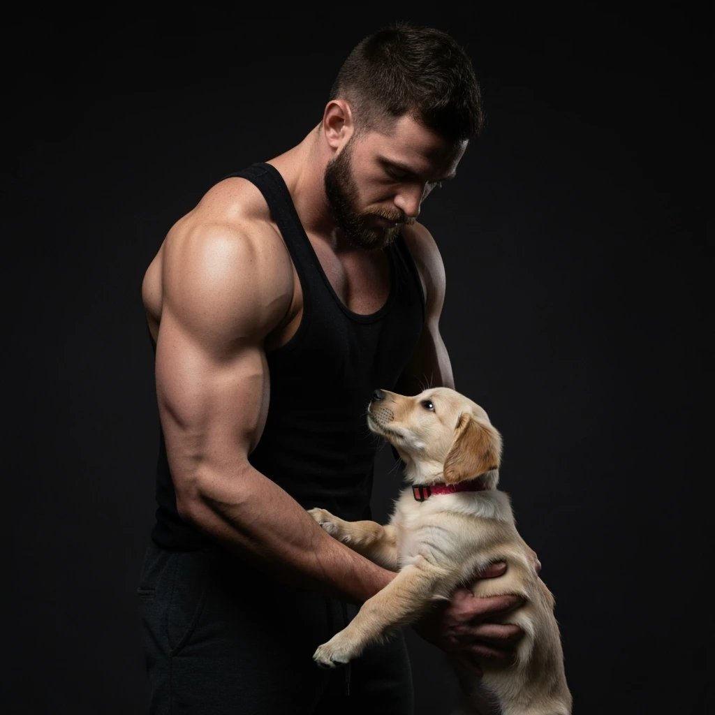 Photo of a musculated man holding puppy golden retriver, low key light emoji